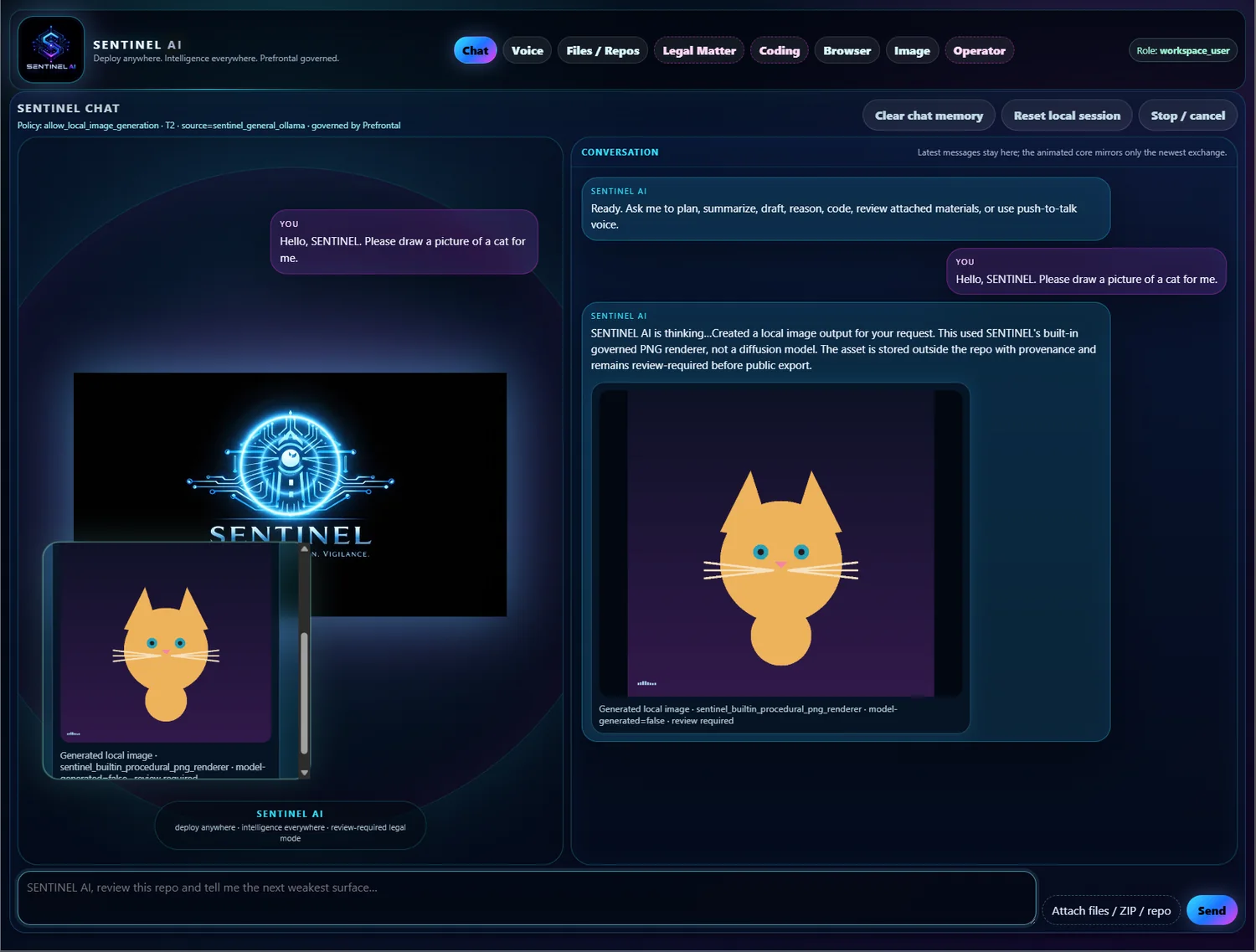 Full SENTINEL AI governed chat interface showing a generated cat image displayed inline with provenance metadata.